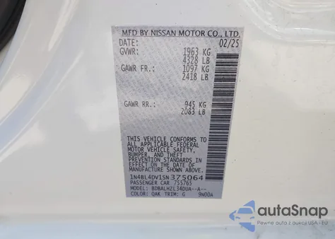 2025 Nissan Altima Sv Fwd z USA, uszkodzony, nr VIN 1N4BL4DV1SN375064